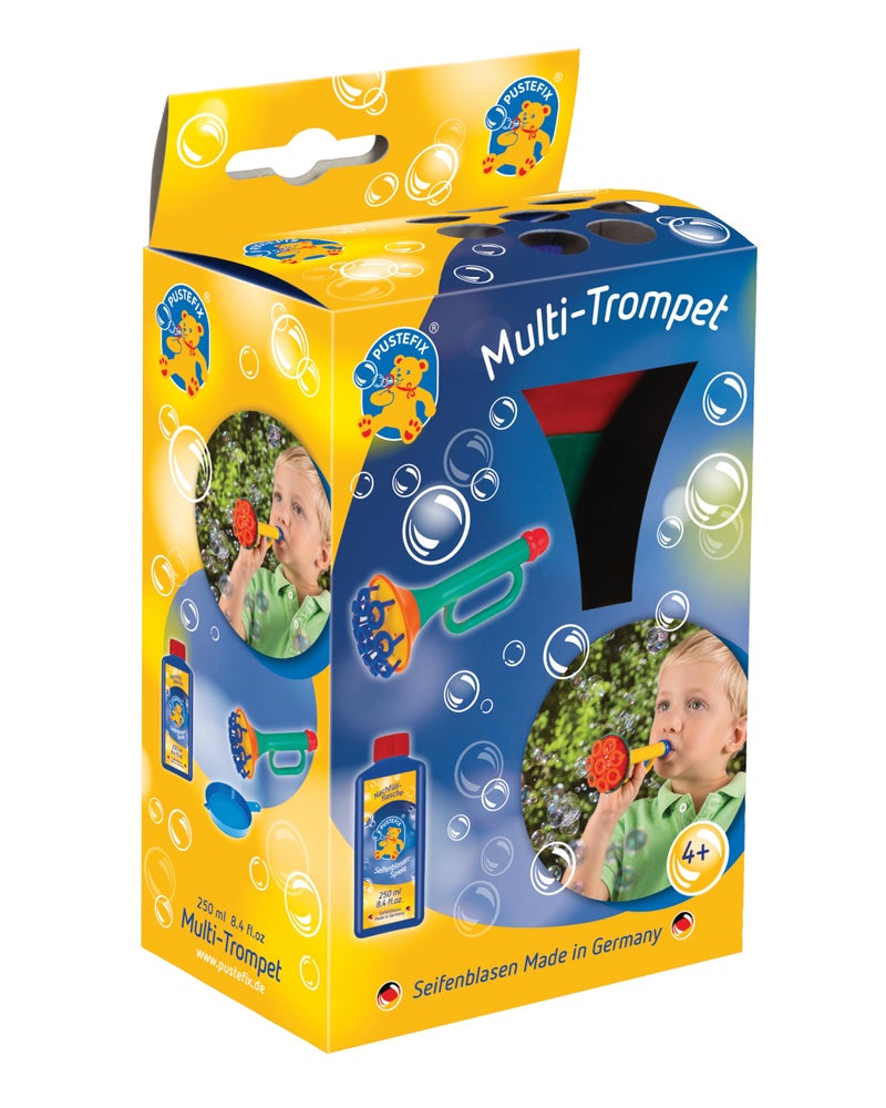 PUSTEFIX Multi Bubble Trumpet Blowing Toy for Kids Set includes Trumpet Blower, 8.45 oz Bubbles Bottle and Liquid Tray - Image 1